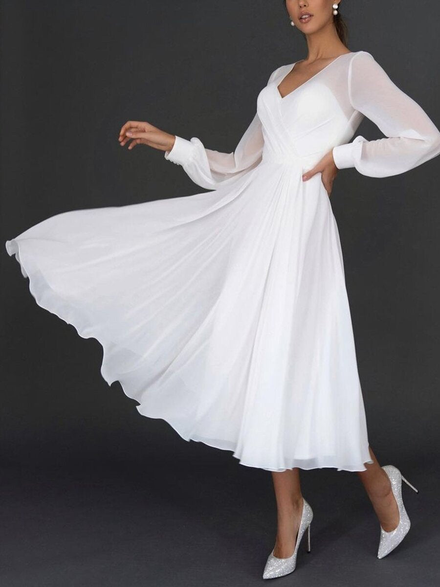 Dolores – Flutter Sleeve V-Neck Midi Dress For Fall Wedding Guests