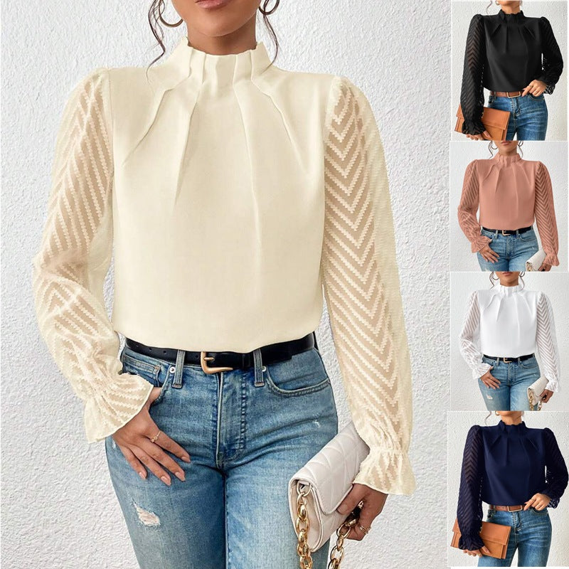 Annette – Dressy Blouse with Sheer Chevron Sleeves
