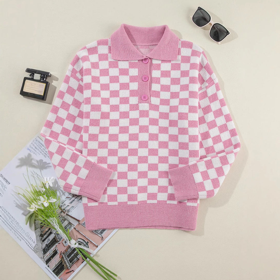 Juniper – Checkerboard Collared Button-Placket Sweater