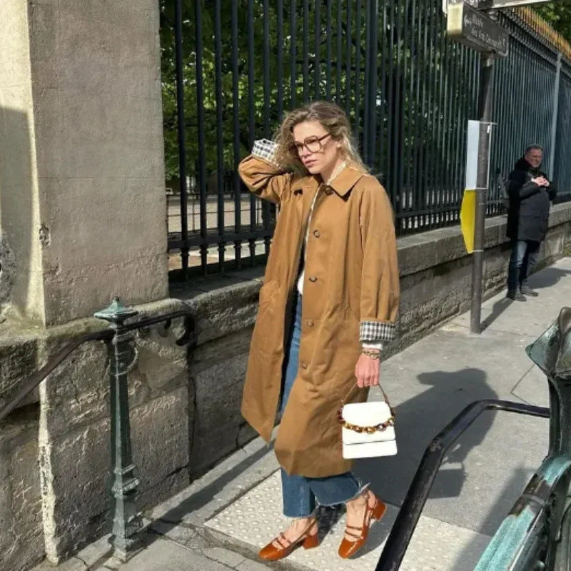 Lyla – Longline Trench Coat with Plaid Lining