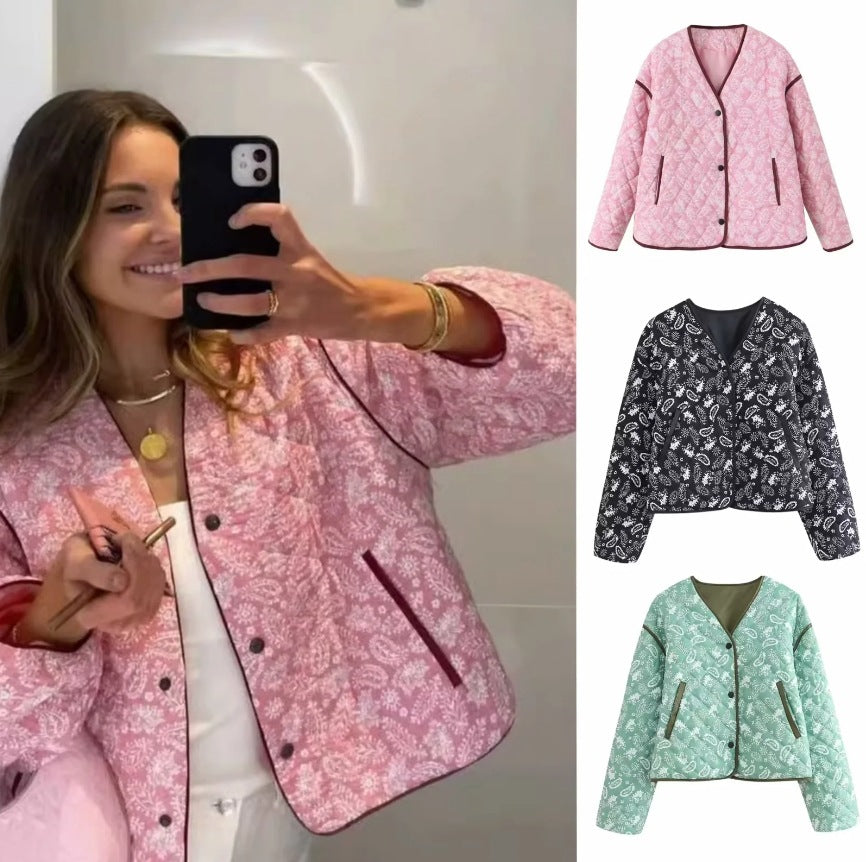 Marnie – Paisley Print Quilted Jacket with Contrast Piping