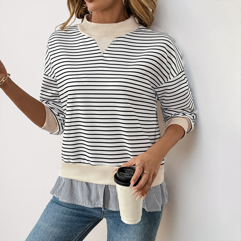 Jaida – Striped Mock-Neck Sweatshirt with Pleated Hem