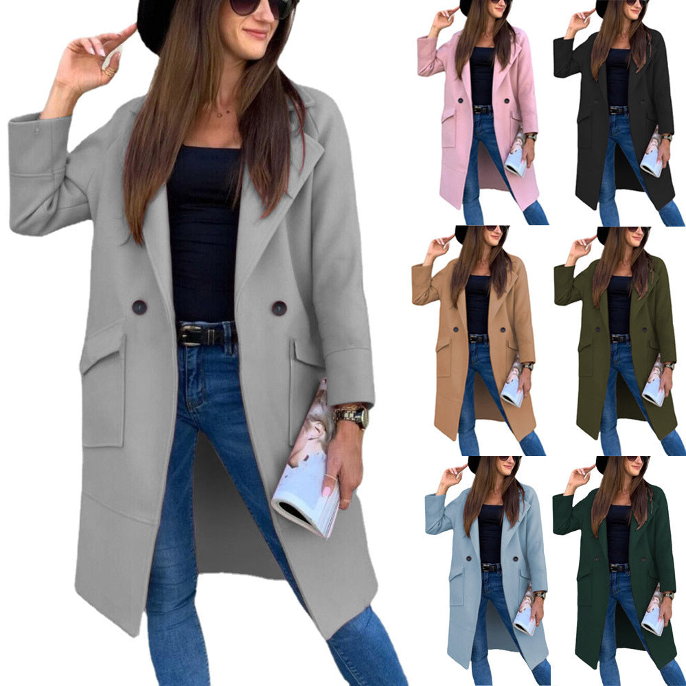 Luciana – Double-Breasted Mid-Length Coat with Flap Pockets
