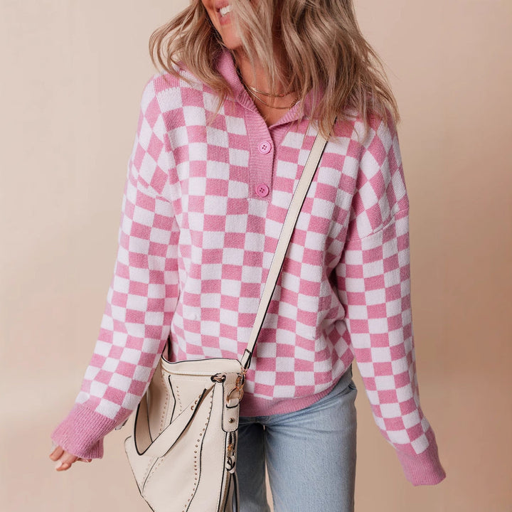 Juniper – Checkerboard Collared Button-Placket Sweater