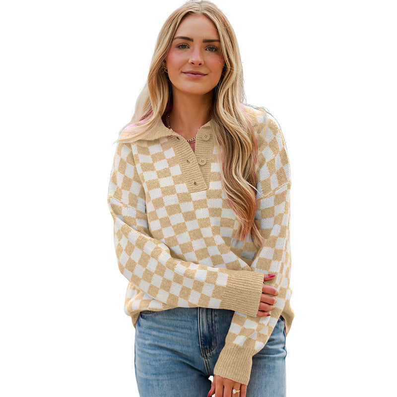 Juniper – Checkerboard Collared Button-Placket Sweater