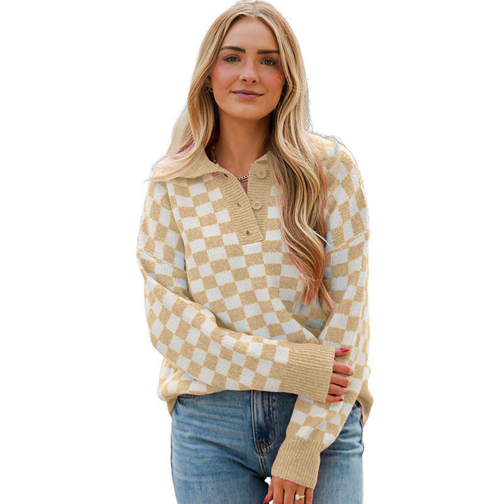 Juniper – Checkerboard Collared Button-Placket Sweater