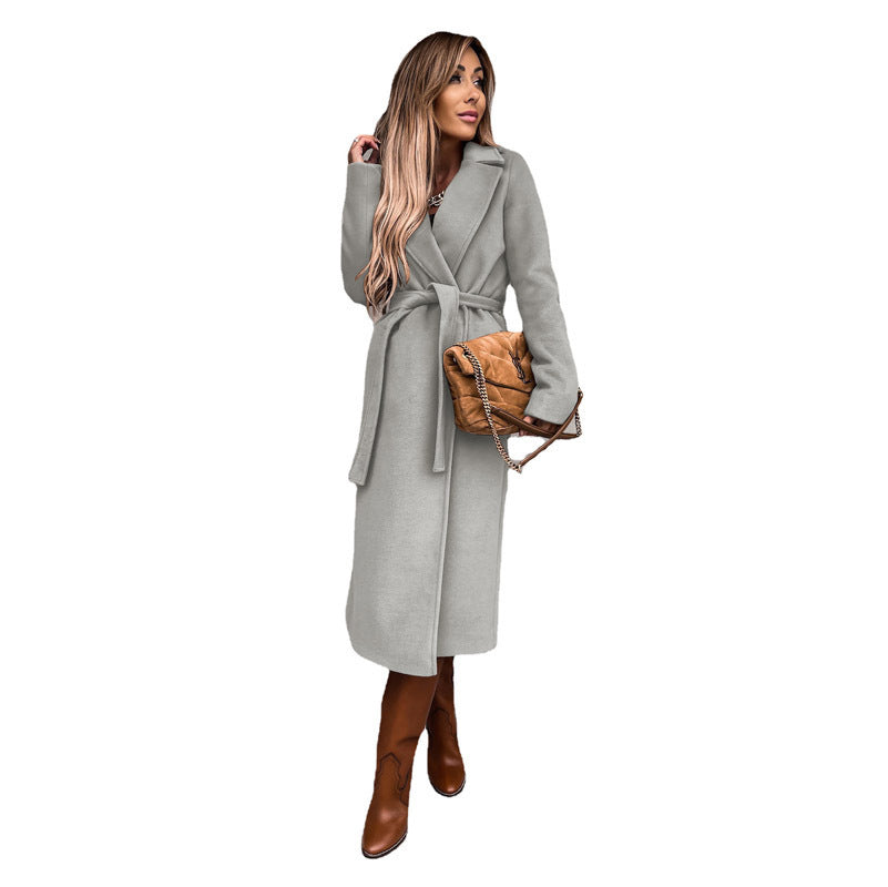 Louise – Tie-Belt Longline Coat in Textured Wool-Look