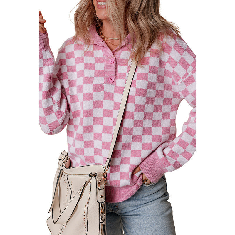 Juniper – Checkerboard Collared Button-Placket Sweater