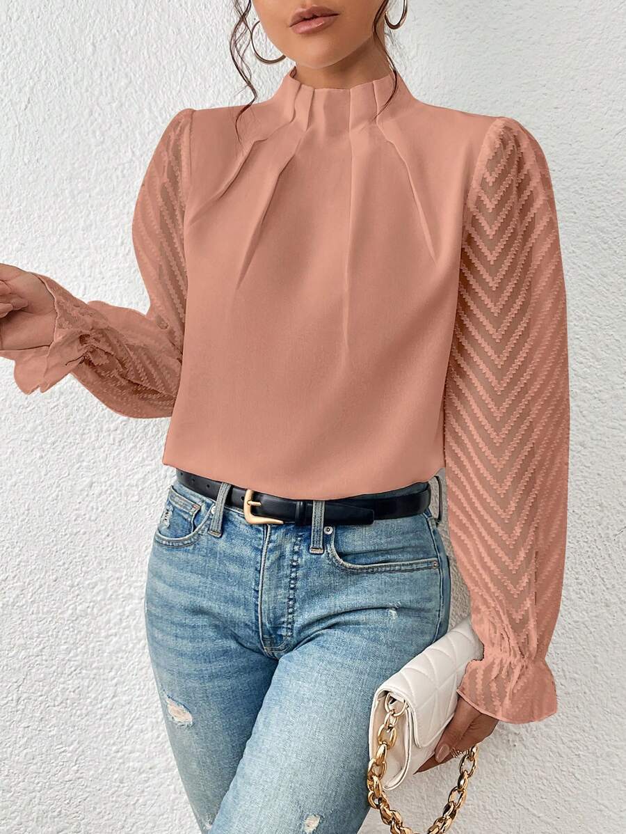 Annette – Dressy Blouse with Sheer Chevron Sleeves