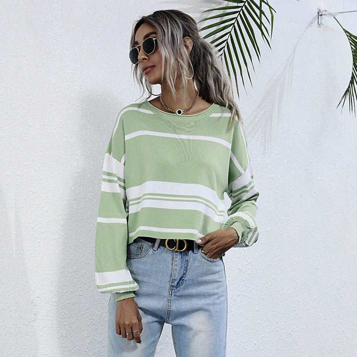 Ivana – Striped Balloon-Sleeve Boat-Neck Top