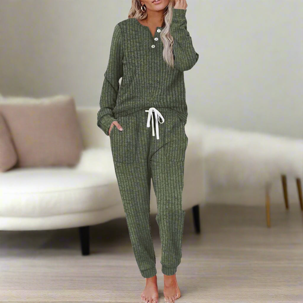 Marika – Ribbed Button-Front Drawstring Lounge Set for Women