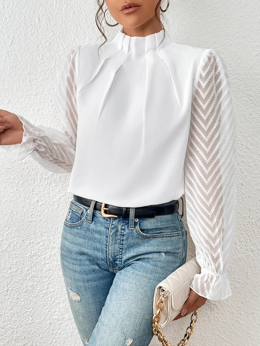 Annette – Dressy Blouse with Sheer Chevron Sleeves