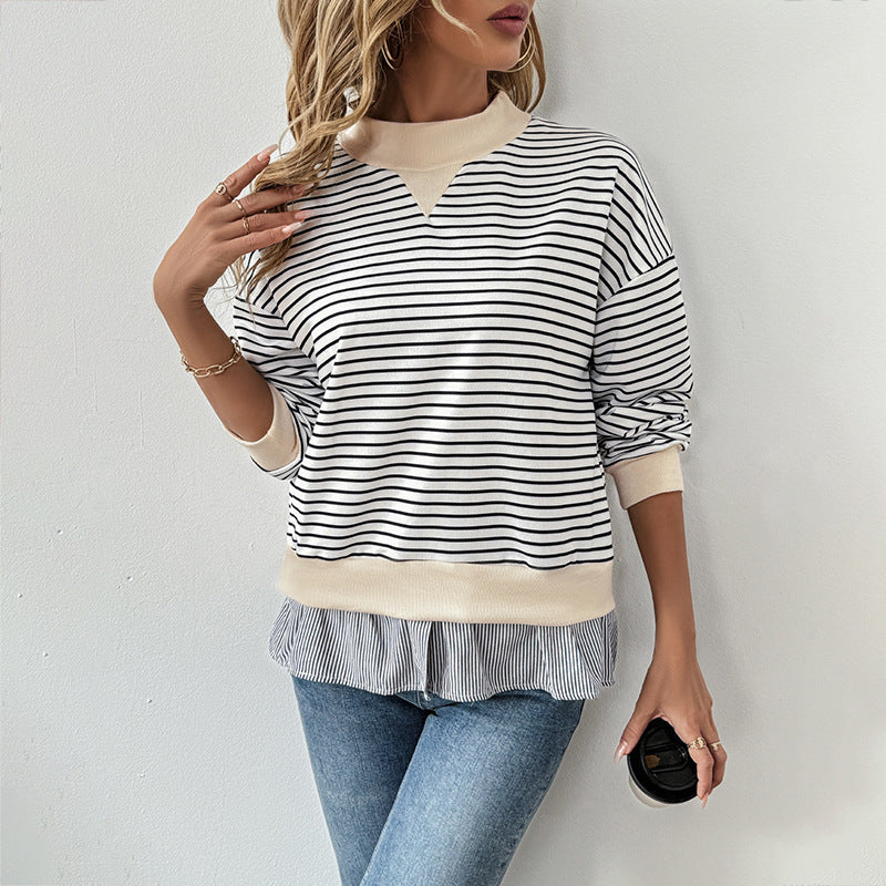 Jaida – Striped Mock-Neck Sweatshirt with Pleated Hem