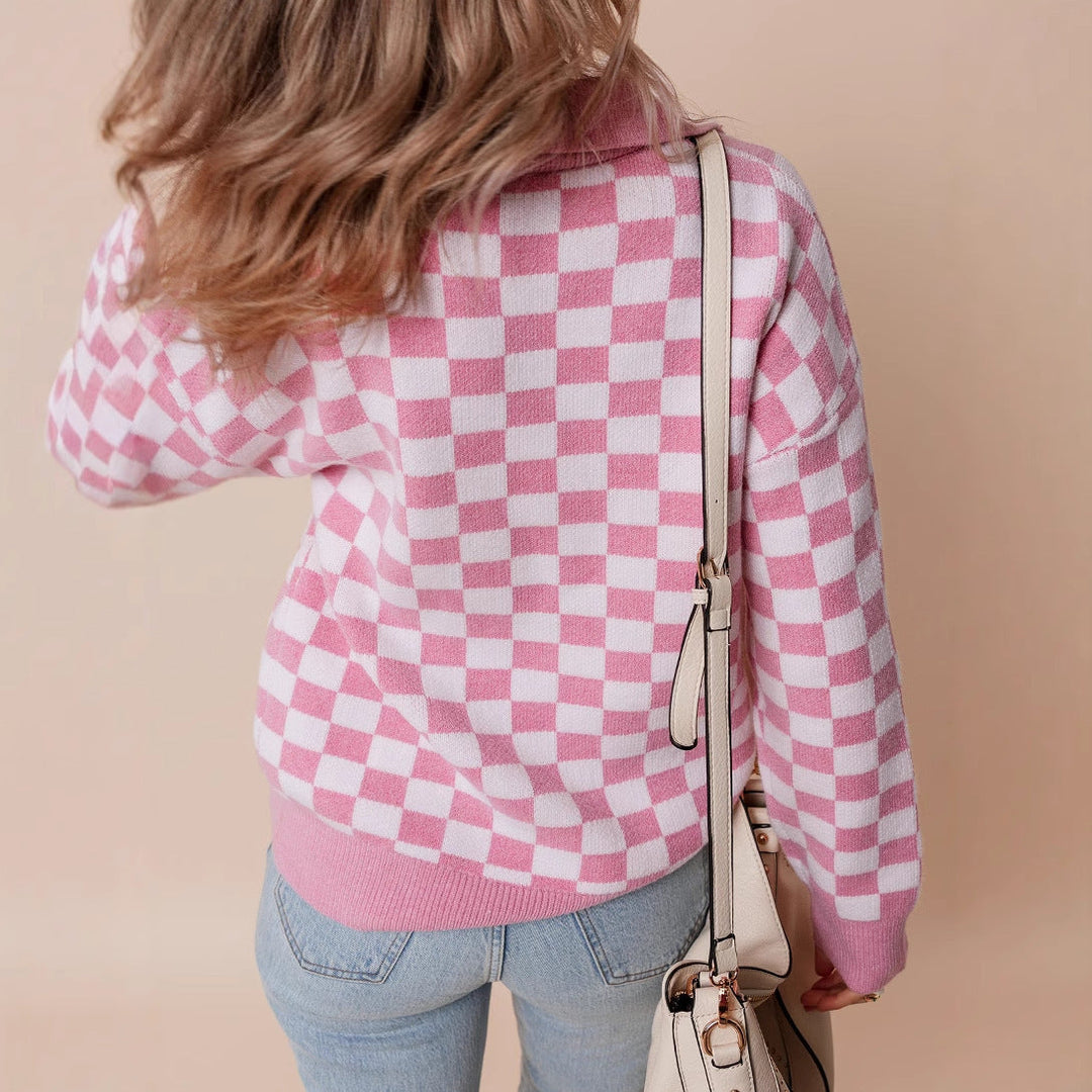 Juniper – Checkerboard Collared Button-Placket Sweater