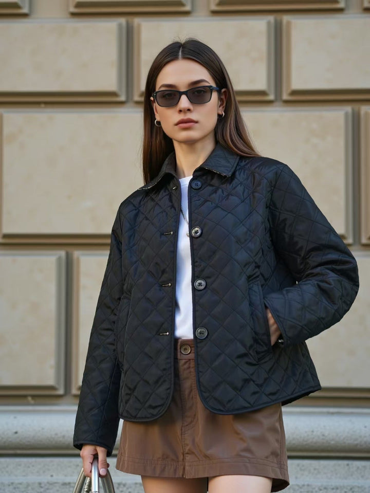 Marley – Diamond Quilted Jacket with Corduroy-Look Collar