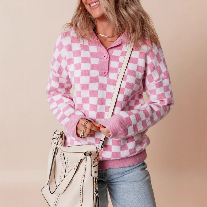Juniper – Checkerboard Collared Button-Placket Sweater