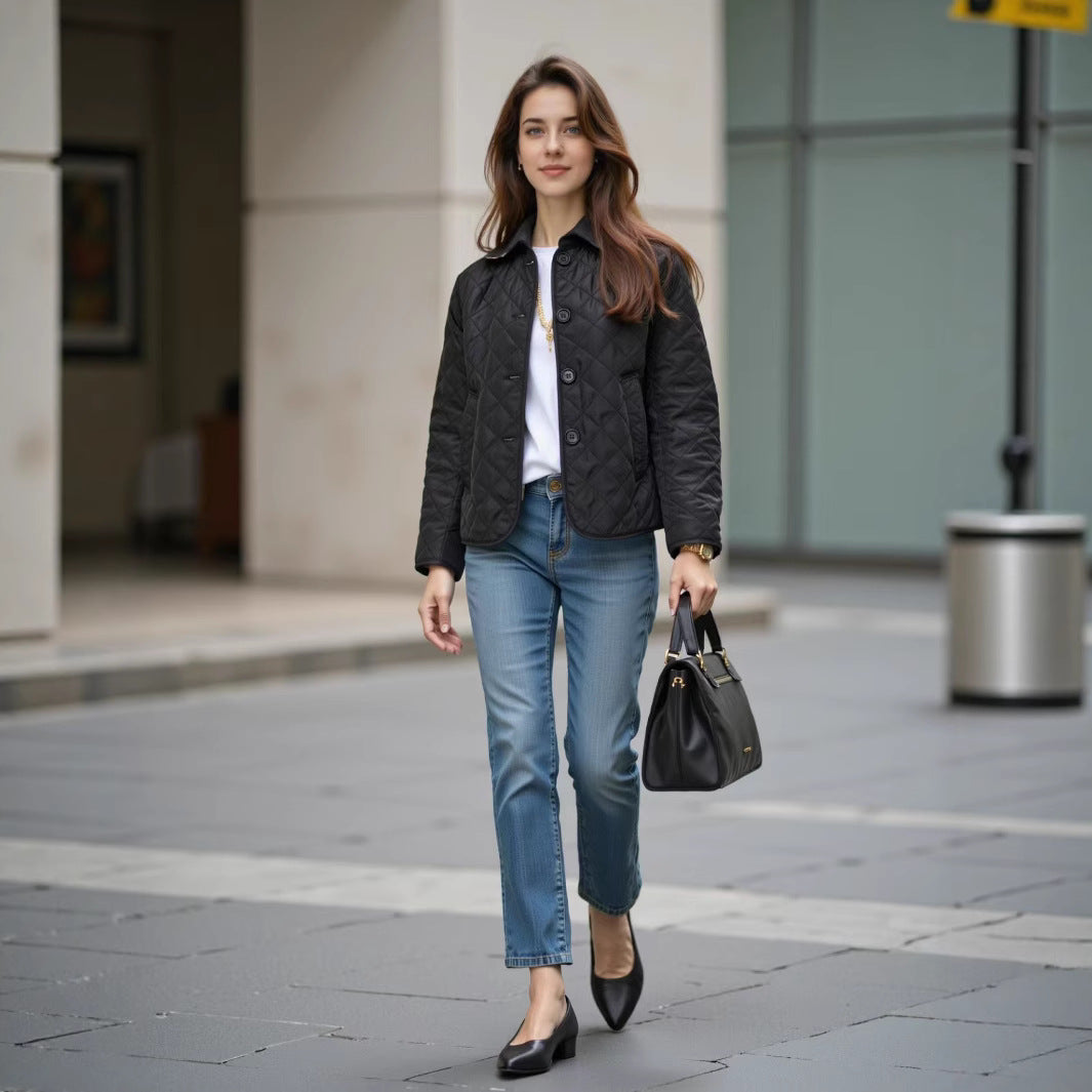 Marley – Diamond Quilted Jacket with Corduroy-Look Collar