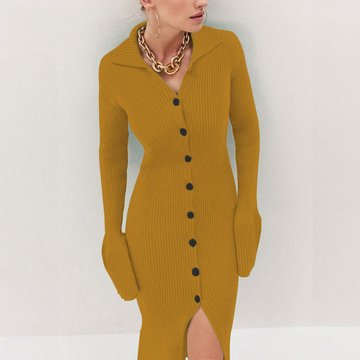 Penny – Collared Button-Front Ribbed Sweater Dress for Women