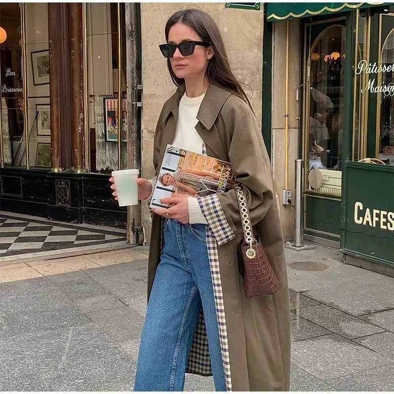 Lyla – Longline Trench Coat with Plaid Lining