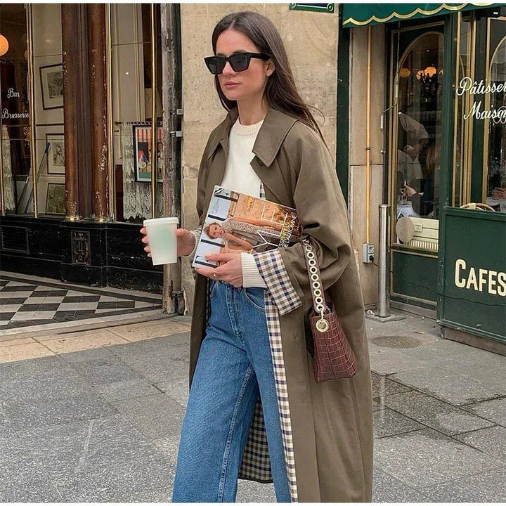 Lyla – Longline Trench Coat with Plaid Lining