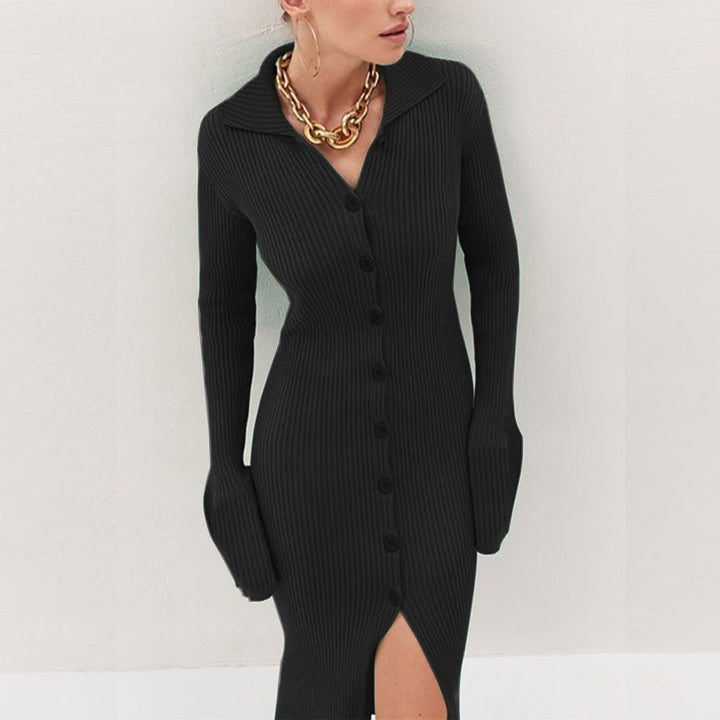 Penny – Collared Button-Front Ribbed Sweater Dress for Women