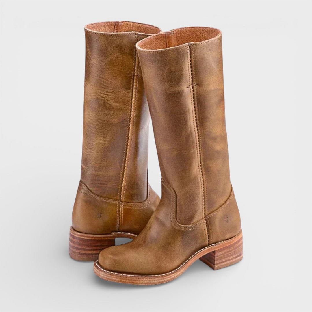 Bottes femme hautes, bout rond, talon bloc, sans fermeture.
