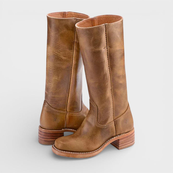 Bottes femme hautes, bout rond, talon bloc, sans fermeture.