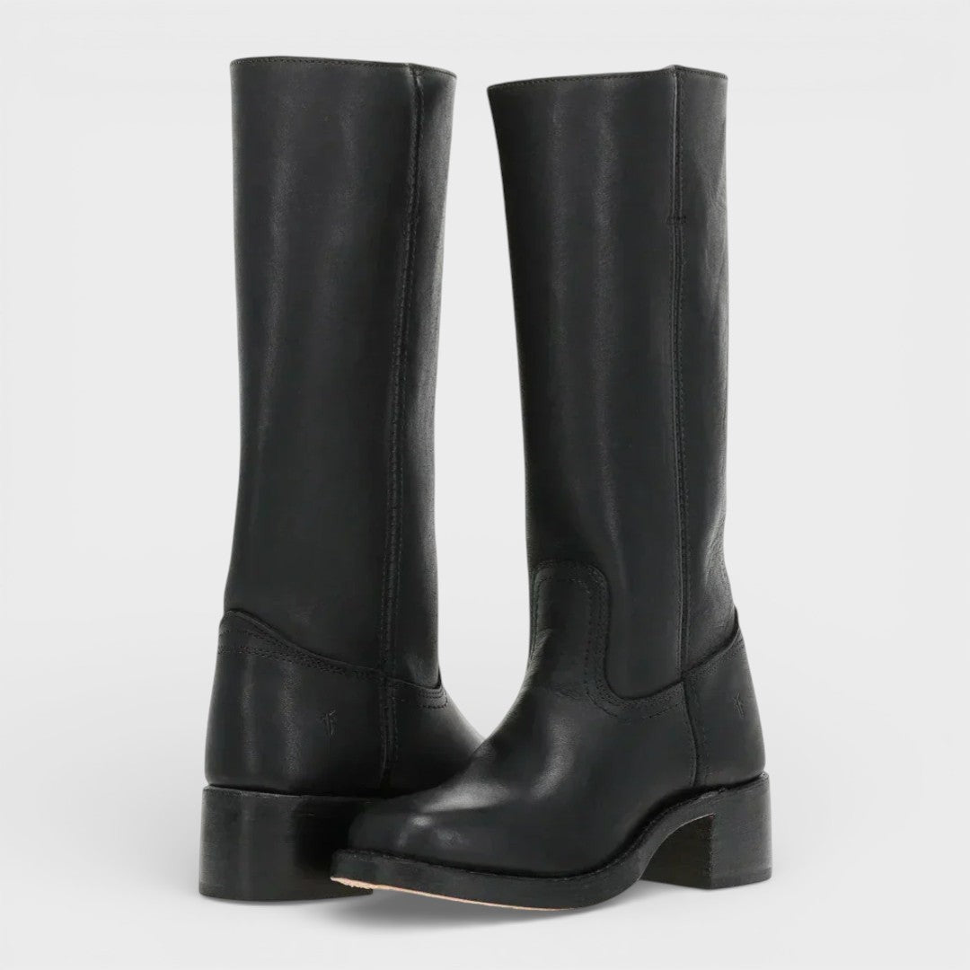Bottes femme hautes, bout rond, talon bloc, sans fermeture.