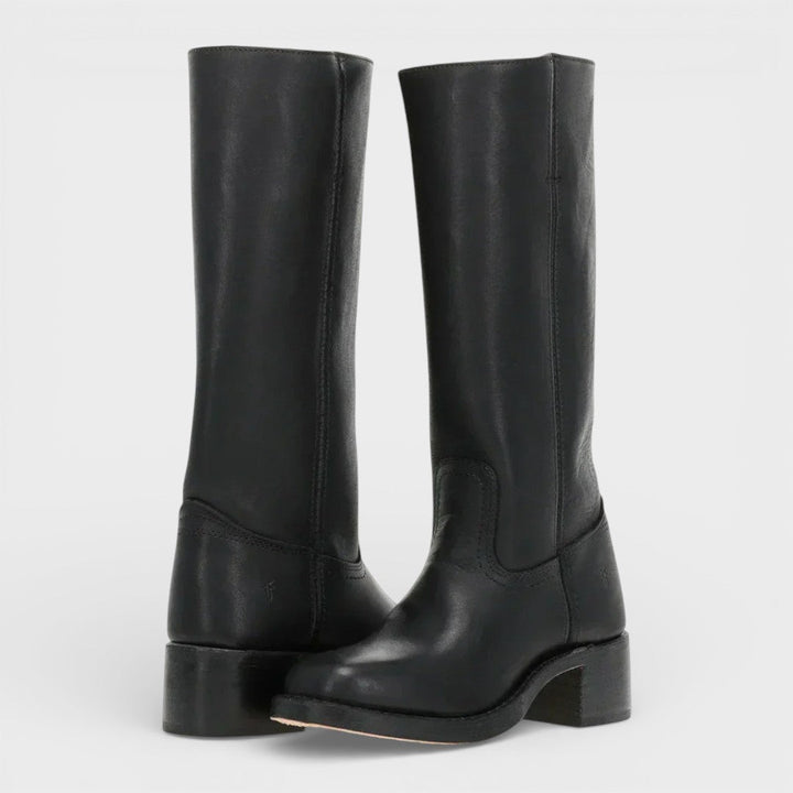 Bottes femme hautes, bout rond, talon bloc, sans fermeture.