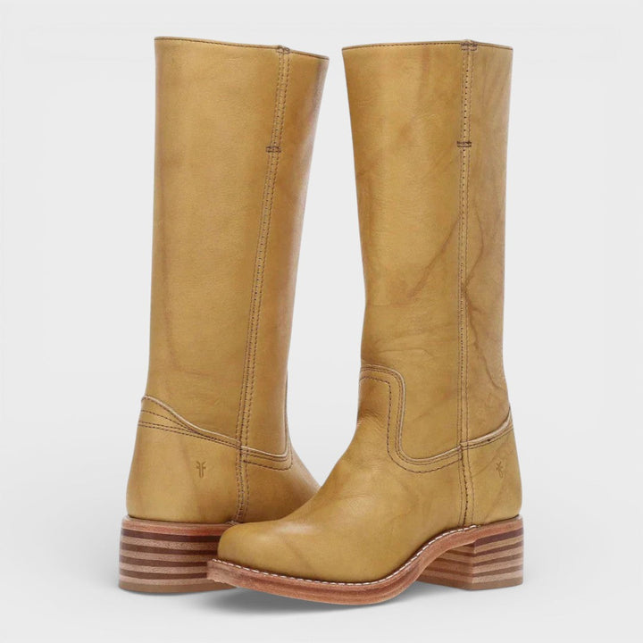Bottes femme hautes, bout rond, talon bloc, sans fermeture.
