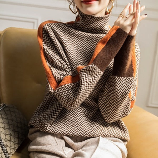 Jeanette – Herringbone Turtleneck Top with Contrast Stripe