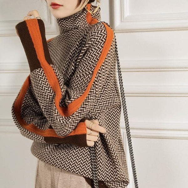 Jeanette – Herringbone Turtleneck Top with Contrast Stripe