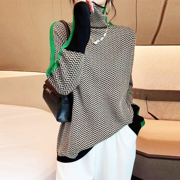 Jeanette – Herringbone Turtleneck Top with Contrast Stripe