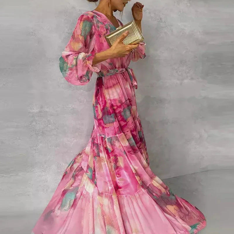 Cordelia | Floral Maxi Dress with Tiered Skirt and Waist Tie
