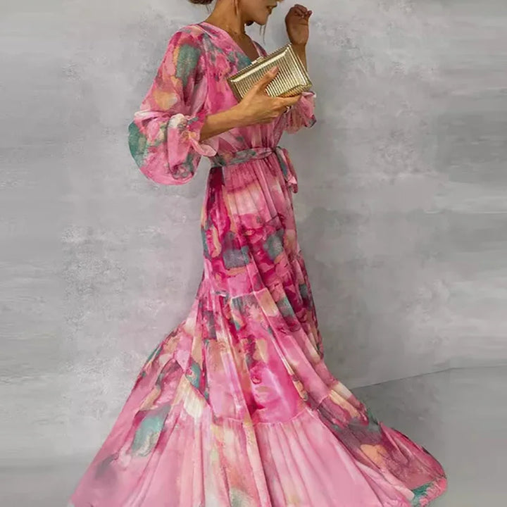 Cordelia | Floral Maxi Dress with Tiered Skirt and Waist Tie