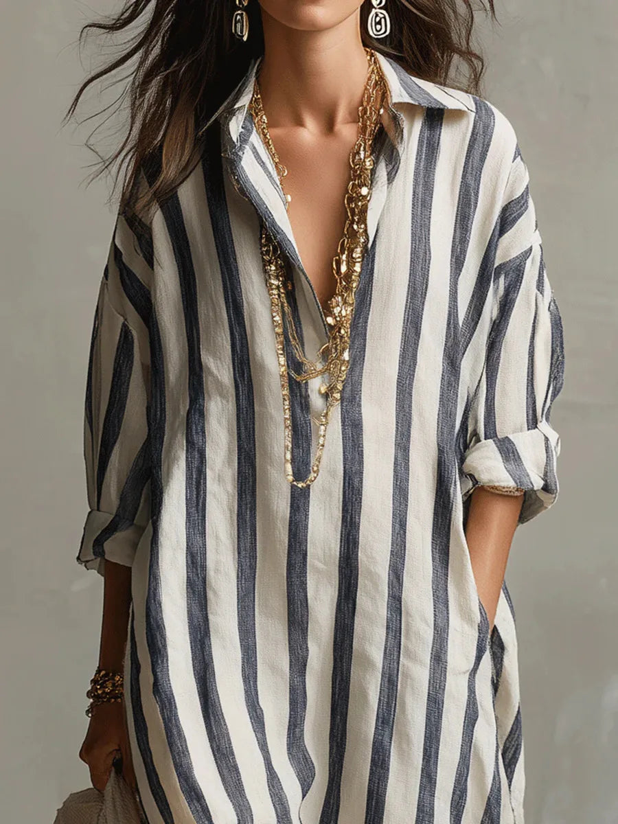 Amanda – Striped V-Neck Shirt Dress