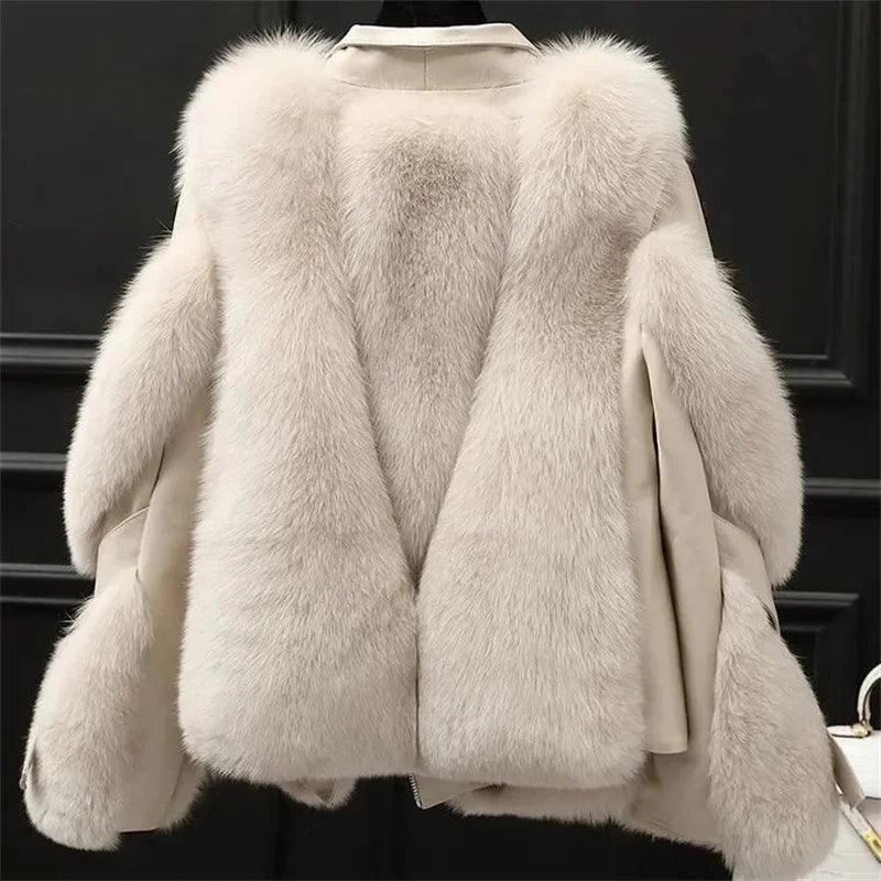 Off white faux fur moto jacket, back view