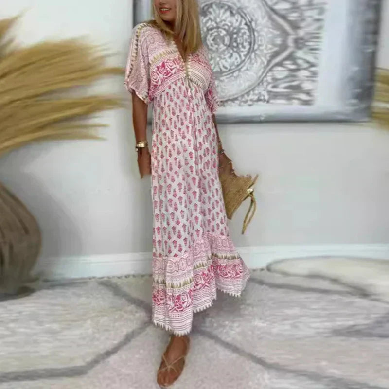 Caroline – Elegant Boho Maxi Dress with V-Neck Design