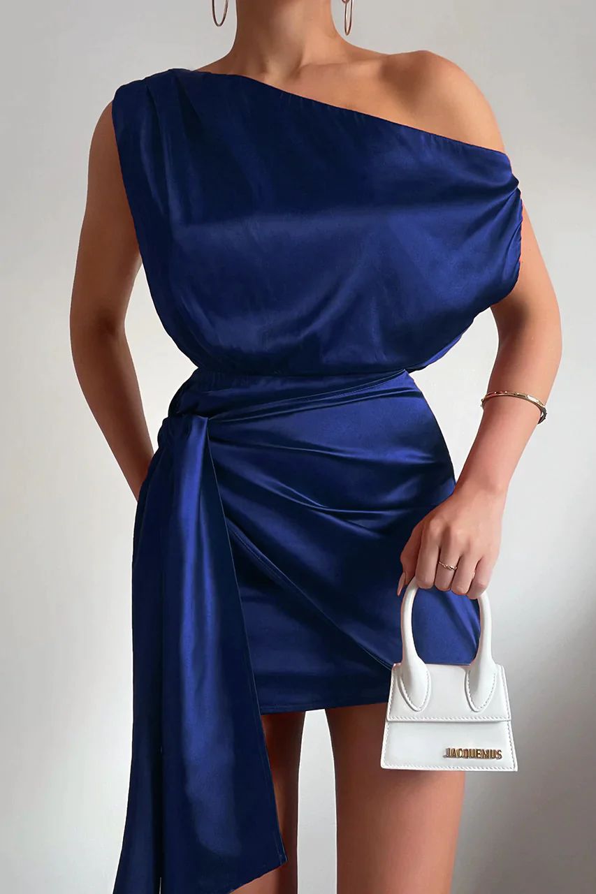 Fatima – Satin-Look One Shoulder Wrap Mini Dress