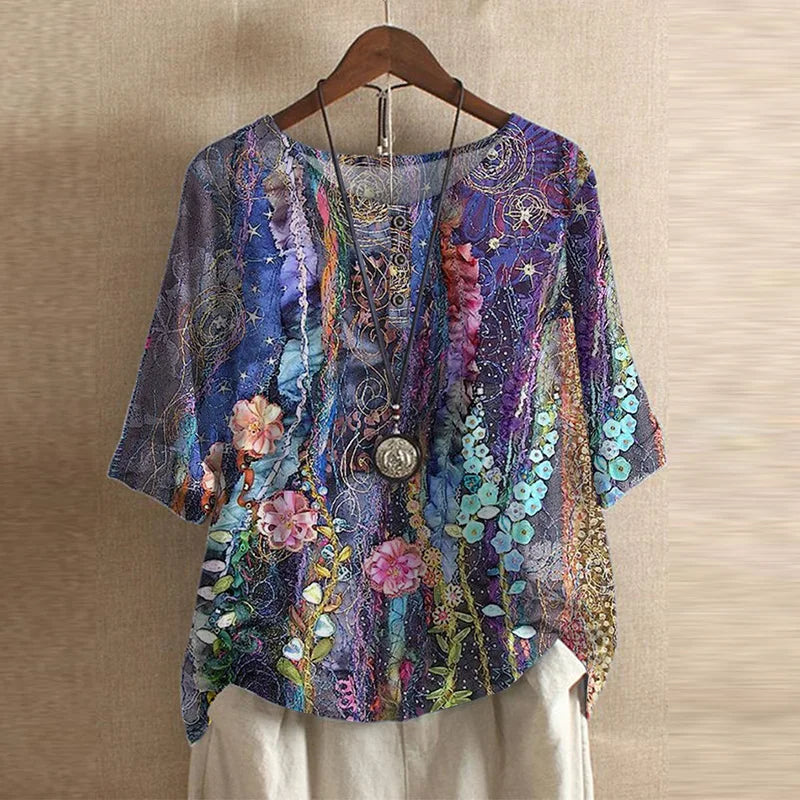 Frances – Elegant Floral Blouse with Vintage Boho Detail
