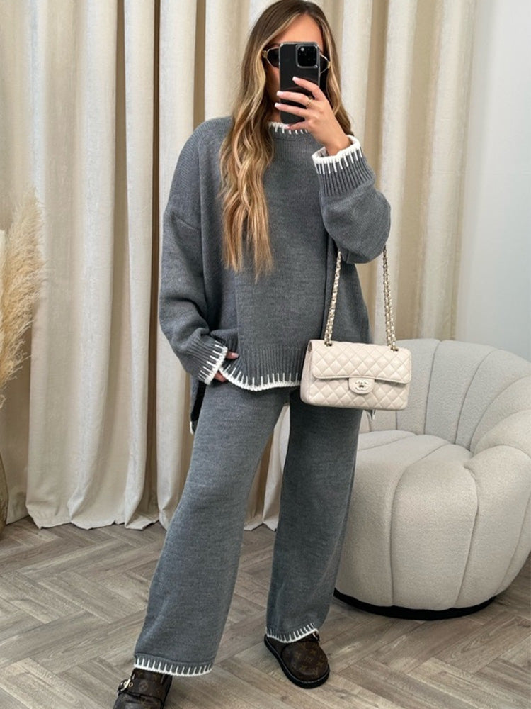 Kris – Whipstitch-Trim Sweater and Wide-Leg Trouser Set