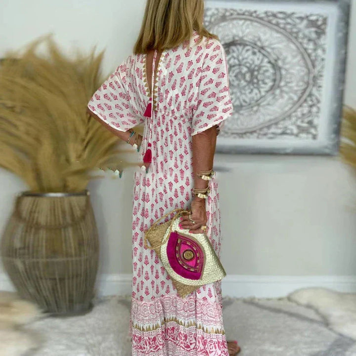 Caroline – Elegant Boho Maxi Dress with V-Neck Design