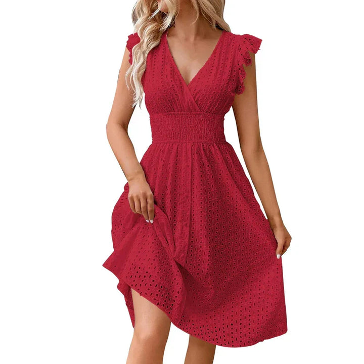 Nancy – Elegant V-Neck Casual Dress with Smocked Waist