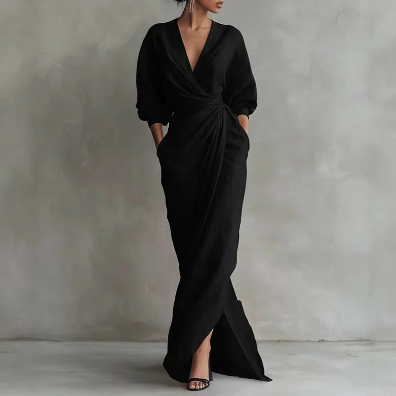 Olive – Elegant Wrap Maxi Dress with V-Neck