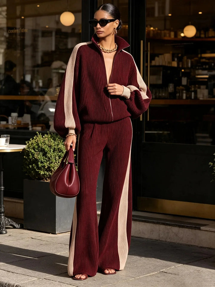Woman wearing burgundy ribbed knit matching set outdoors on city street