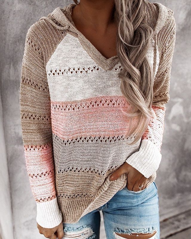 Kaia – Striped Pointelle Hooded Sweater for Fall