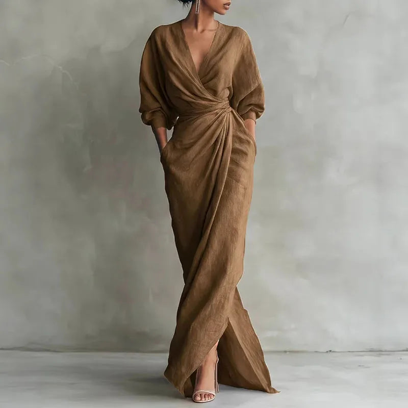 Olive – Elegant Wrap Maxi Dress with V-Neck
