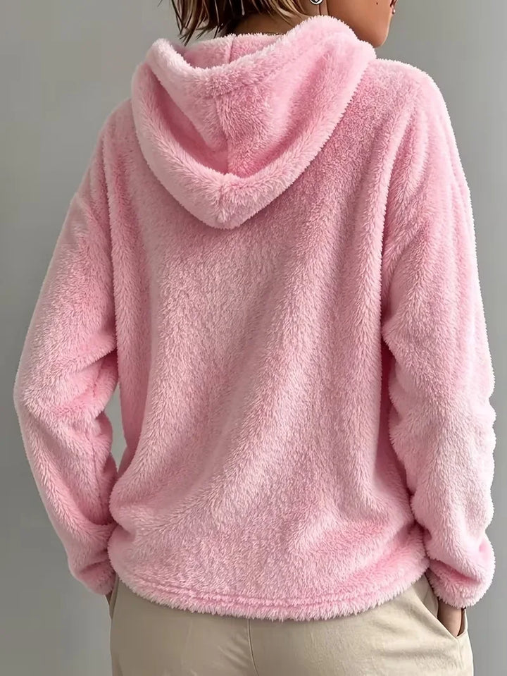 Back view of pink fuzzy fleece hoodie with hood