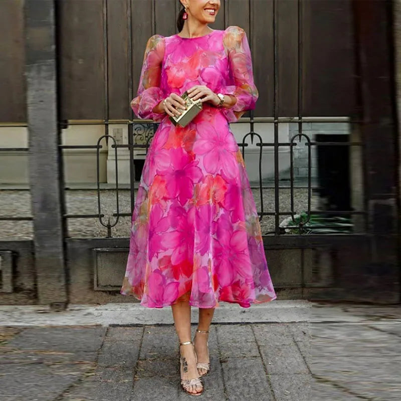 Mira – Floral Puff Sleeve Midi Dress for Women