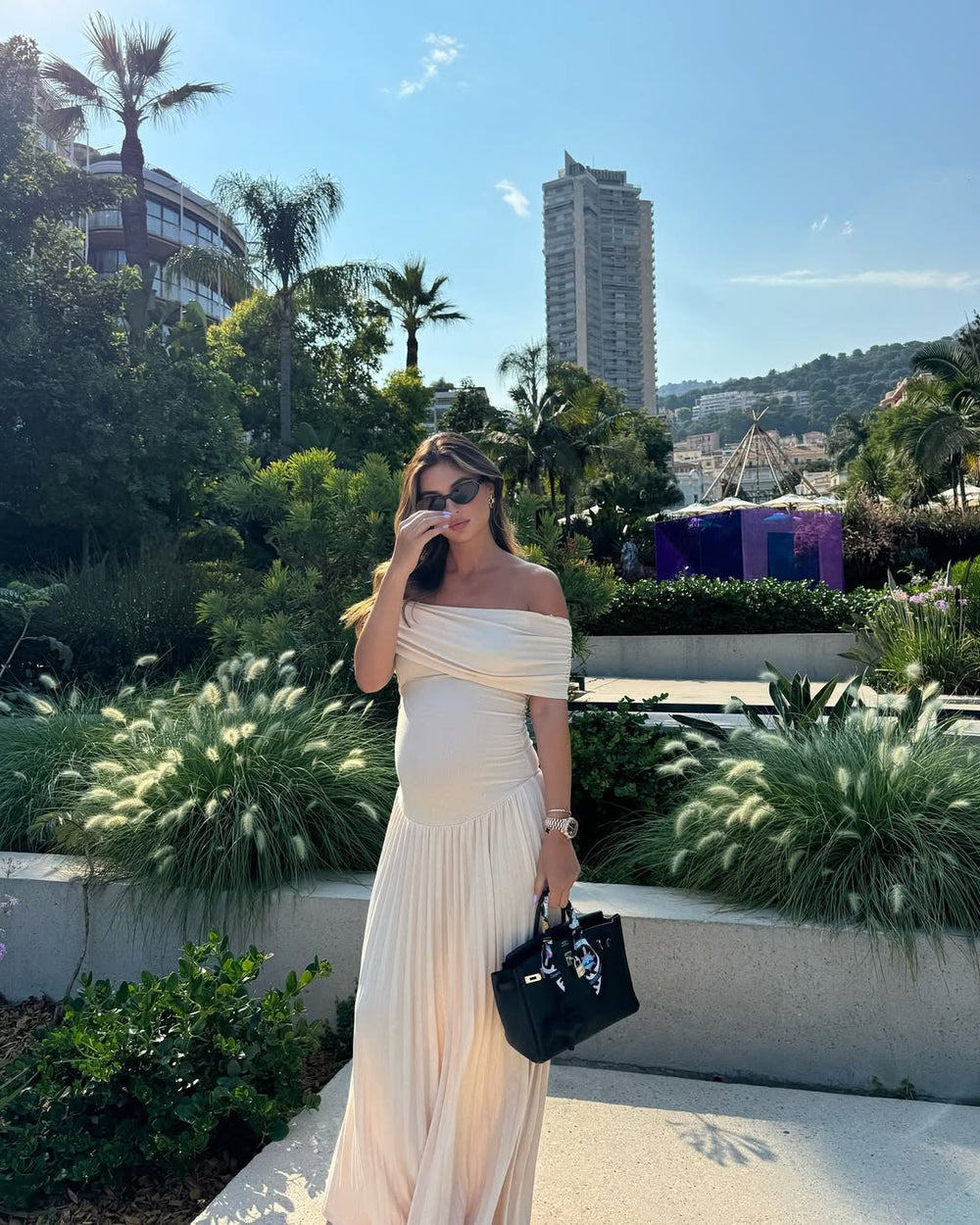 NOUVEAU RICHE Schwangere Off Shoulder Plissiertes Maxikleid Elegant Sommer